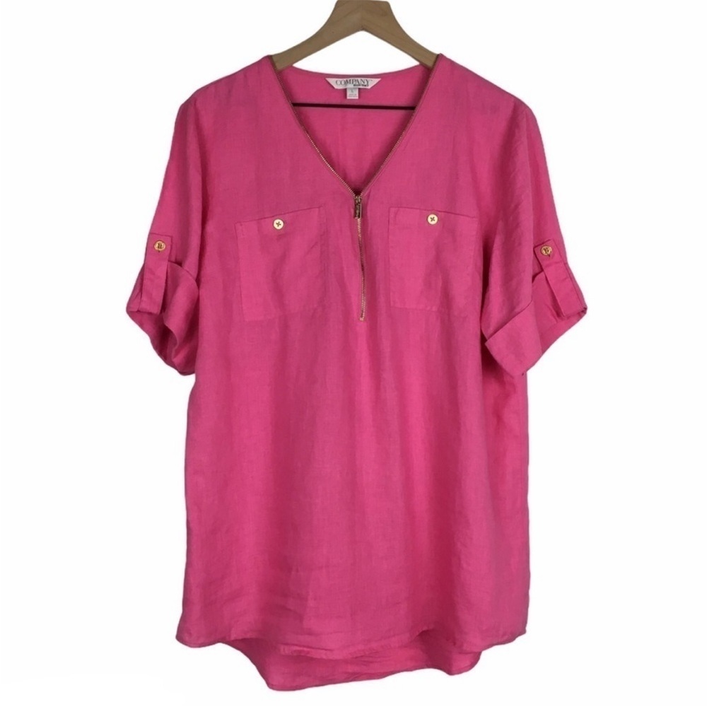ELLEN TRACY Linen Tunic Top Pink Gold Zipper Short Sleeve Lightweight Size Large